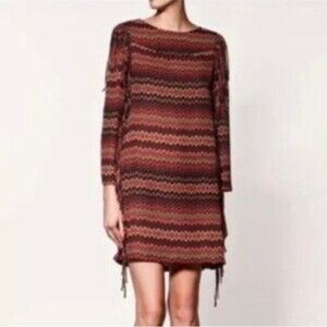 NWT Zara Woman Collection Blue Orange Chevron Aztec Print Fringed Mini Dress M